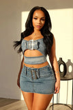 MQTIME  - Women Fashion Buckle Denim Two Piece Set Sexy Spaghetti Straps Hollow Out Camisole Crop Tops Bodycon Mini Skirts Jeans Suits