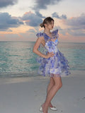 MQTIME  -  Elegant Printed Short Dresses Women Chic Lace Up Sleeveless Puff Dress Female Summer Holiday High Waist Lady Vestidos Beachwear