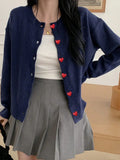  MQTIME  -  Hot Korean Love Button Casual Knit Top Jacket Soft Navy Warm Sweater Simple Long Sleeve Womens Coat All Match Fashion Blouse
