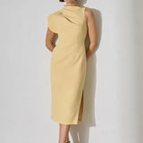 MQTIME  -  Elegant Office Lady Solid Straight Party Dress Spring Crew Neck Hollow Side Split Boho Dress Women Slim Bodycon Hips Dress Mujer