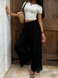 MQTIME  -  Chic Lace Patchwork Elastic Waist Trousers Women Elegant High-waisted Lace-up Loose Wide Leg Pants Lady Street Chic Bottom