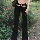 Mqtime High Street Fashionable Boot Cut Pants Women High Waist Hollow Out Flare Trousers Summer Casual Striped Bodycon Pants