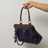 MQTIME  -  Korean Retro Polka Dot Handbag, Leather Patchwork Large Multi-functional Briefcase Sweet Pretty Style Handbag Casual Commute Bag