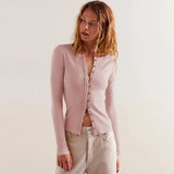 MQTIME  -  Women Knitwear Regular Fit Full Stretch Viscose Cropped Sweaters Long-sleeved Round Neck Button Down Rib Cardigans