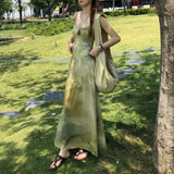 MQTIME  -  Women Green Tie Dye Maxi Slip Dress Spaghetti Strap Summer New Backless Slim Sleeveless Flowy Bodycon Casual Vacation Long Dress