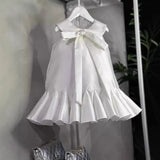 MQTIME  -  Summer Children Girl Party Dress Bow Turn Down Collar Spliced Pleated Dress For 1-8Y Girls Loose Infant Baby Girl Birthday Dress