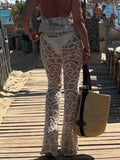 MQTIME  -  Women's Crochet Lace Flared Pants Boho Beach Vacation See-through Mesh Trousers Summer Casual Chic Hollow-out Sexy Slim Fit Pant