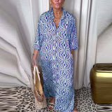 MQTIME  -  Casual Single Breasted Bohemian Dresses Vintage Pattern Printed Loose Shirt Dress Office Ladies Lapel Long Sleeved Party Dress