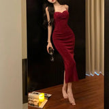 MQTIME  -  Women's Clothing French Style Red Slip Long Dress Temperament Summer New Backless Solid Color Slim Fashion Split Bag Hip Dresses