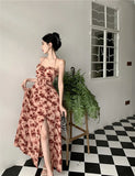 MQTIME  -  Summer French Fashion Spaghetti Strap Square Neck Sleeveless Party Evening Dress Woman Elegant Print Lace Up Midi Prom Dress