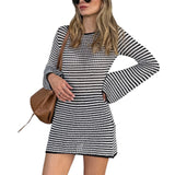 MQTIME  -  Women Bodycon Knitted Dress Striped Round Neck Long Sleeve Casual Fall Short Dress