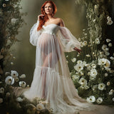 MQTIME  -  Sexy See Thru White Maternity Robes for Photo Shoot Charming Off Shoulder Women Dresses Sexy Long Sleeves Baby Shower Gowns