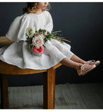  MQTIME  -  Summer Retro Linen Loose Flared Sleeve Dress Girls New Solid Color Cotton And Linen Casual Back Bow Tie Princess Dresses