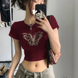 MQTIME  -  Red Cotton Cropped T Shirt for Women Girl Vintage Butterfly Graphic Streetwear Tee Tops Tshirt Summer Croptop