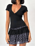 MQTIME  -  Women Dot Print Summer Dress Slim Deep V Neck Short Sleeve A-line Mini Layered Ruffle Dresses