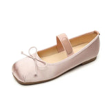 MQTIME  -  New Satin Mary Janes Shoes Women Flat Heel Autumn Fashion Butterfly Knot Square Toe Ballet Shoes Female Footwear Large Size 43