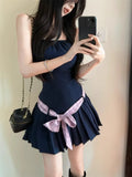MQTIME  -  Woman Dress Bow Sexy Sweet Sleeveless Slash Neck Slim Backless Bow Bandage Elegant Mini Dresses Party Female Casual