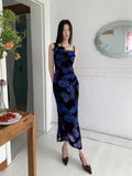 MQTIME  -  Retro Floral Dress For Women'S Summer, New High-End Purple Elegant Slim Fit Patchwork Suspender Long Skirt