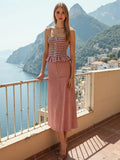  MQTIME  -  Women Elegant Red Plaid Skrit Sets Short Sling Top Camis High Waist Midi Skirts Summer Casual Holiday Beach Outfits