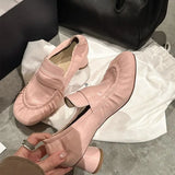 MQTIME  -  New Retro Pleated Round Toe Deep Mouth Single Shoes for Women Simple Slip on High Heel Loafers Soft Commuter Leather Shoes Daily