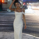  MQTIME  -  New Backless Side Pleated Solid Color Suspender Dress