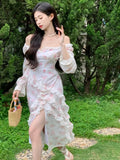 Mqtime Elegant Slash Neck Floral Dress Women Ruffles High Split Long Sleeve French Vintage Evening Party Vestidos Korean Clothing