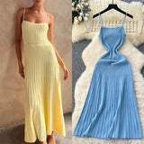 MQTIME  -  Summer New Knitted Pleated Long Dress High Waist Midi Sling Dresses Elegant Sleeveless Women Streetwear Black Bodycon Vestidos