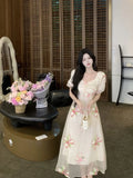 MQTIME  -  Summer French Design Elegant Sundress Women  Sleeves Floral Midi Dress Beach Style Casual Fashion Party Dress Korean