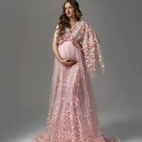 MQTIME  -  Blush Pink Maternity Dress with 3D Flower Embroidery, Boho One Shoulder Gown for Pregnancy Photoshoot Baby Shower Maternity Gown