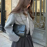Mqtime Autumn Women Cropped Jacket Coat Long Sleeve Pocket Zipper Casual Jackets For Woman Elegant Outerwear Loose Office Lady