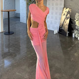MQTIME  -  Elegant Hollow Out Irregular Evening Dress Women Sexy Slant Collar Slim Long Dress Fashion Hight Waist Solid Color Party Dresses
