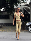 MQTIME  -  Women Striped 2 Piece Matching Set Beige Short Sleeve Deep V Crop Flare Pants Sexy Retro Outfit Summer Beach Street Chic Wear