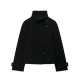 MQTIME  -  Women Stand Collar Short Coat Solid Asymmetrical Button Long Sleeve Cropped Jacket Minimalist Autumn Winter Chic Streetwear