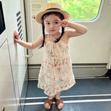 MQTIME  -  Vintage 100% Linen Flower Print Girls Dress With Pockets Summer New Baby Girl Sleeveless Casual Loose Spaghetti Strap Dresses