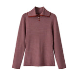 MQTIME  -  Vintage Women Striped Knitted Shirt Slim Buttons Pullovers Sweater Lady Top Spring Autumn Female Long Sleeve Knit T-Shirt