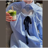 MQTIME  -  Loose Heart Bow Lace-up Blouses Spring New Female Contrast Lapel Single-breasted Full Sleeve Shirt Women's High Street Tops
