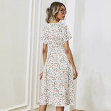 Mqtime -women's Floral Print Dress, Shirred Waist, Flared Hem Dress, Summer Holiday, Short Sleeve, V-neck, A-line Long Dress