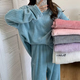 MQTIME  -   New Fall Winter Women Loungewear Fleece Stripe Pajama Set Girl Lady Round Neck Solid Color Homewear Soft Home Clothes Woman Teen