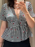 MQTIME  -  Deep V Neck Puff Short Sleeve Shirt Women Black White Plaid Cherry Embroidery Chiffon Crop Blouse  Ladies Holiday Outfit New