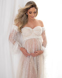 MQTIME  -  Romantic Pearls Maternity Dress Photoshoot Off Shoulder Sheer Tulle Pregnancy Dress Luxury Pearl Beaded Baby Shower Dresses