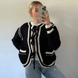 MQTIME  -  Elegant Knitted Lace Up Cardigan Women Winter Casual Loose Contrast Color O-neck Pockets Sweaters Female Warm Chic Knitwear