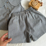  MQTIME  -  New Summer Baby Girls Striped Sets Peter Pan Collar Tops Shorts 2pcs Korean Style Toddlers Kids Chic Outfits