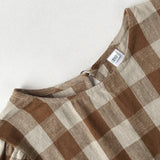  MQTIME  -  Vintage Brown Plaid Girls' Bubble Sleeved Dress Summer New Cute Baby Girl Round Neck Waist Pleated Loose Dresses