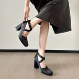MQTIME  -  Ballet Style Fashion Satin Cross Strap Women Pumps Spring Summer Mary Janes Thick High Heels Lolita Ballet Dancing Chunky Shoes