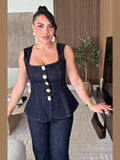 MQTIME  -  Vest Jeans Set Women Square Collar Sleeveless Single Breasted Tank Top High Waist Denim Straight Pant 2025 Summer Lady Slim Suit