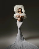 MQTIME  -  Elegant White 3 Pieces Maternity Dress Photoshoot Bubble Short Sleeve Stretch Mermaid Maternity Gown Pregnancy Dress Outfit