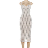 MQTIME  -  Polka Dots Print Sheer Mesh Camisole Midi Dress Women Sexy Lace Patchwork Spaghetti Straps Backless Bodycon Party Robe Clubwear