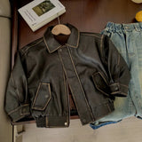 MQTIME  -  Boys Leather Jacket Autumn Spring Korean Style New Arrival Trendy Fashion Cool Brown Solid Color Jackets Coats