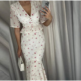  MQTIME  -  Chiffon Printed Ruffle Skirts Sets Women V-neck Short Puff Sleeve Button Cropped Shirt Slim Mermaid Skirt Summer Party Suit