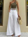 MQTIME  -  New Fashion High Waisted Wide Leg Trousers For Women's Spring And Autumn White Versatile Pocket Wide Leg Long Pants Female